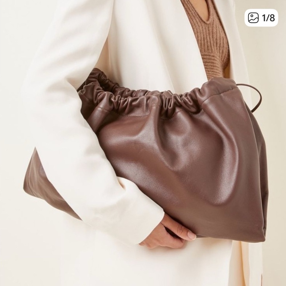 Studio Amelia Alexander Drawstring Brown Leather Crossbody Clutch Purse Bag